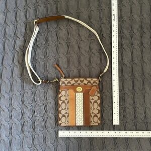 Coach Signature Monogram Crossbody Bag Brown Tan Leather Trim Turnlock Small